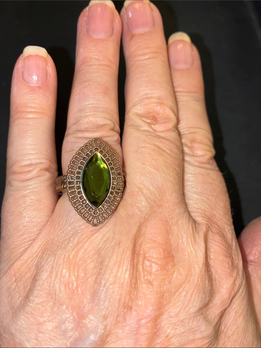 Olive Green Marquise Stone Filigree Stretch Ring